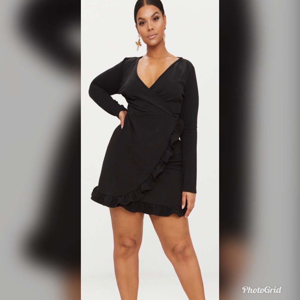 Plus Black Long Sleeve Ruffle Wrap Dress